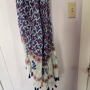 Blue and White Patterned Scarf with Tassels